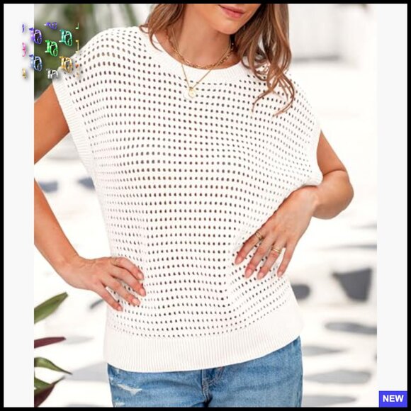 Crochet Cap Sleeve Sweater Pullover Bohemian Loose Fit Summer Top - Picture 3 of 7